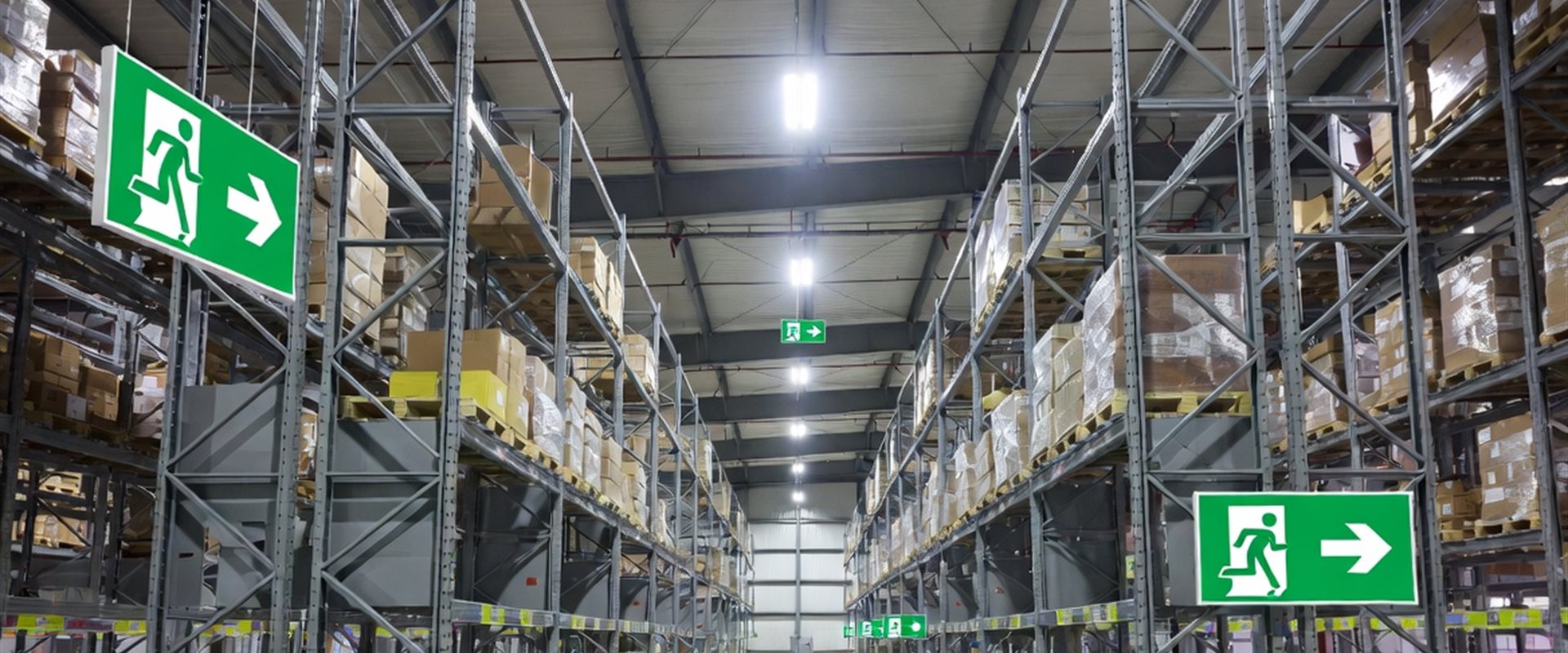 Modern warehouse aisle with tall stocked racking and green SANS running-man exit signs on the rack ends, lit by overhead high-bay LED lighting