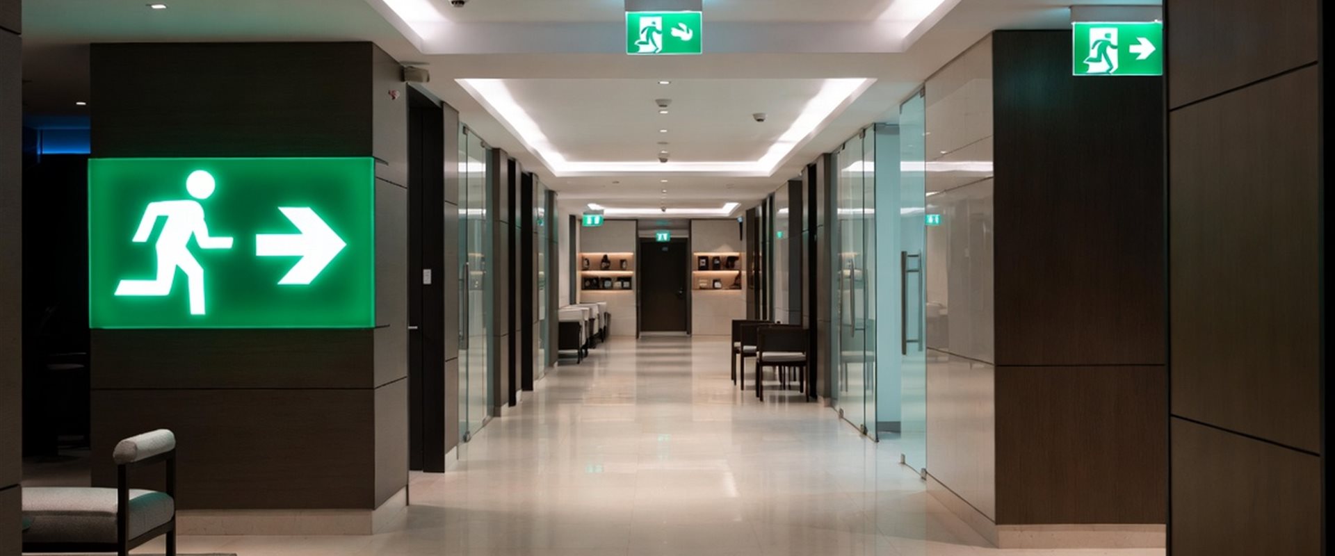 Bright modern commercial building lobby corridor with an illuminated green SANS running-man exit sign and ceiling-mounted exit signs receding down the passage